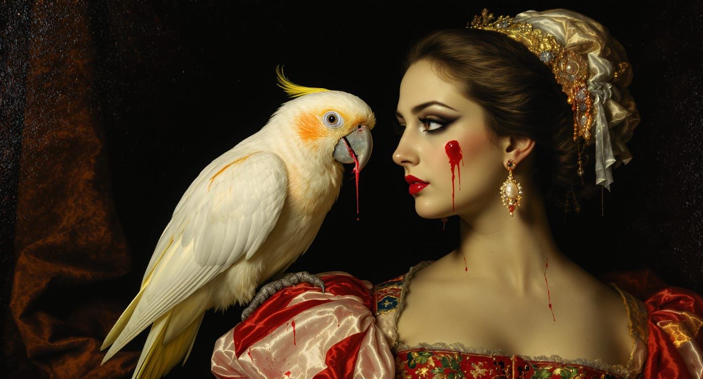 Surreal Renaissance Parrot with Bloody Pearl