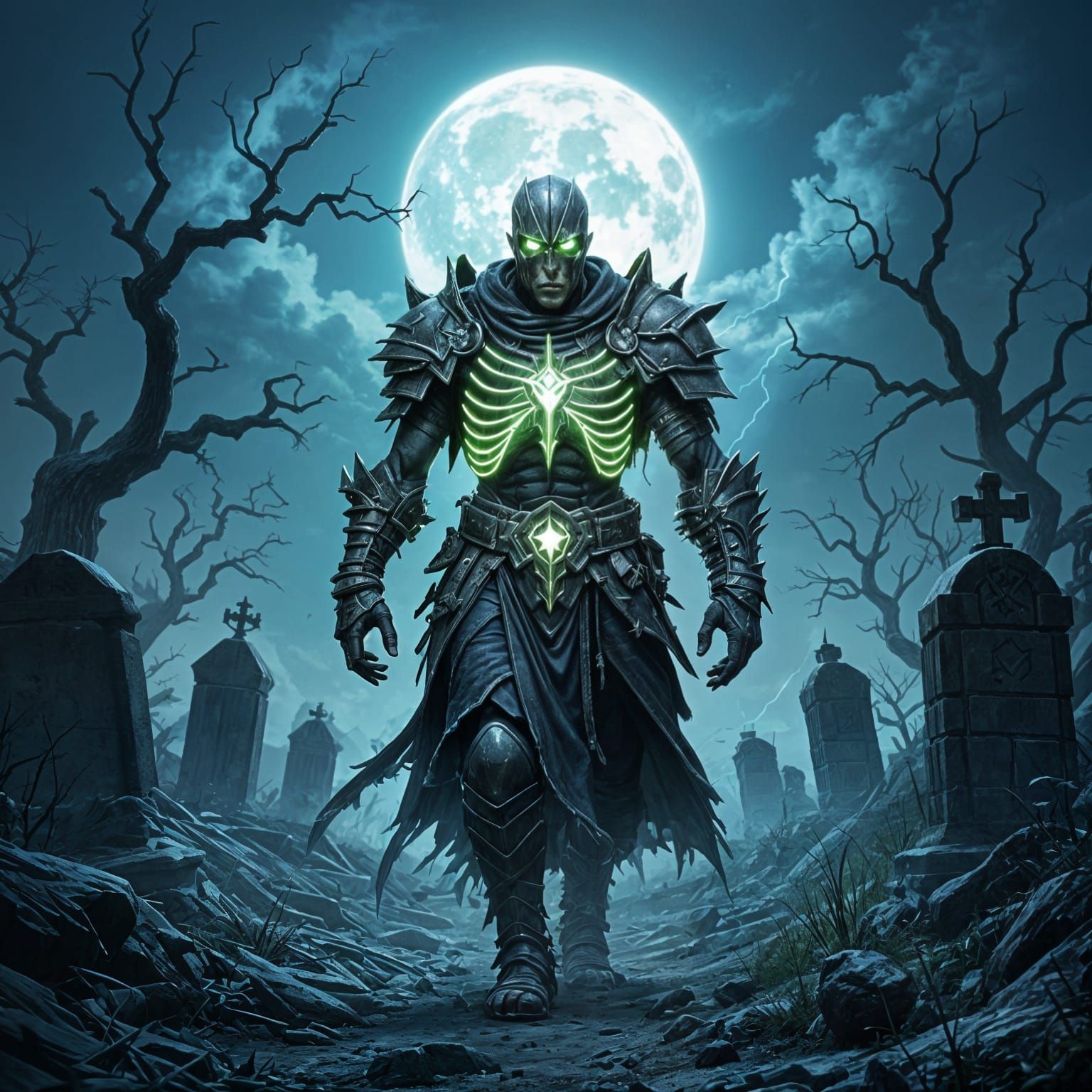 Zombie Warrior with Glowing Bone Sword in Graveyard