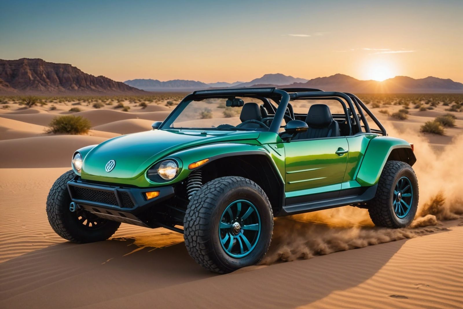 Iridescent Dune Buggy Drives Through Desert Sunset