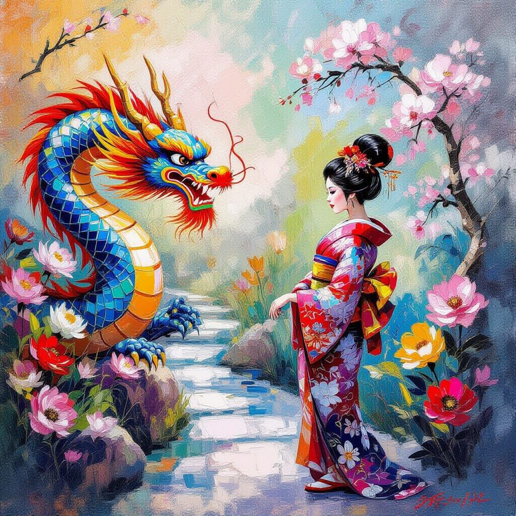 Geisha and Dragon in Garden: Impressionistic Oil Painting