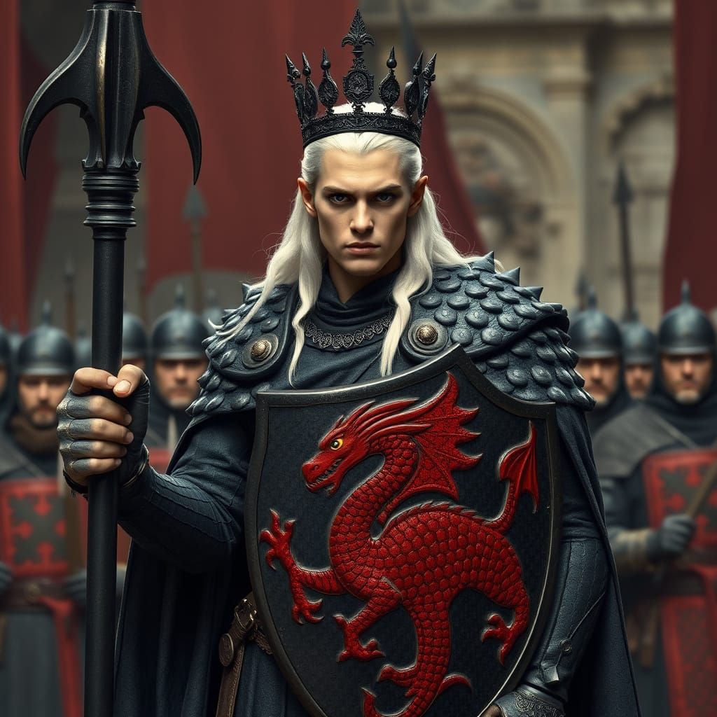 Medieval Queen Wields Black Mace in Byzantine Armor