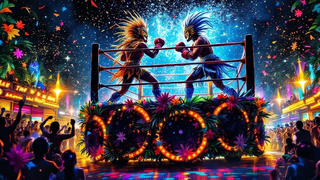 Vibrant Carnival Parade Float with Boxing Match