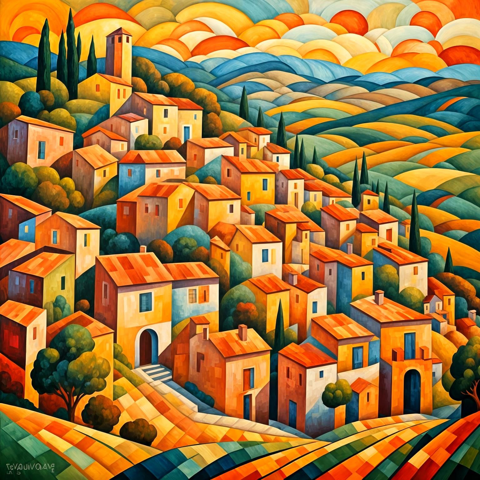 French Village in Cubist Art Deco Style