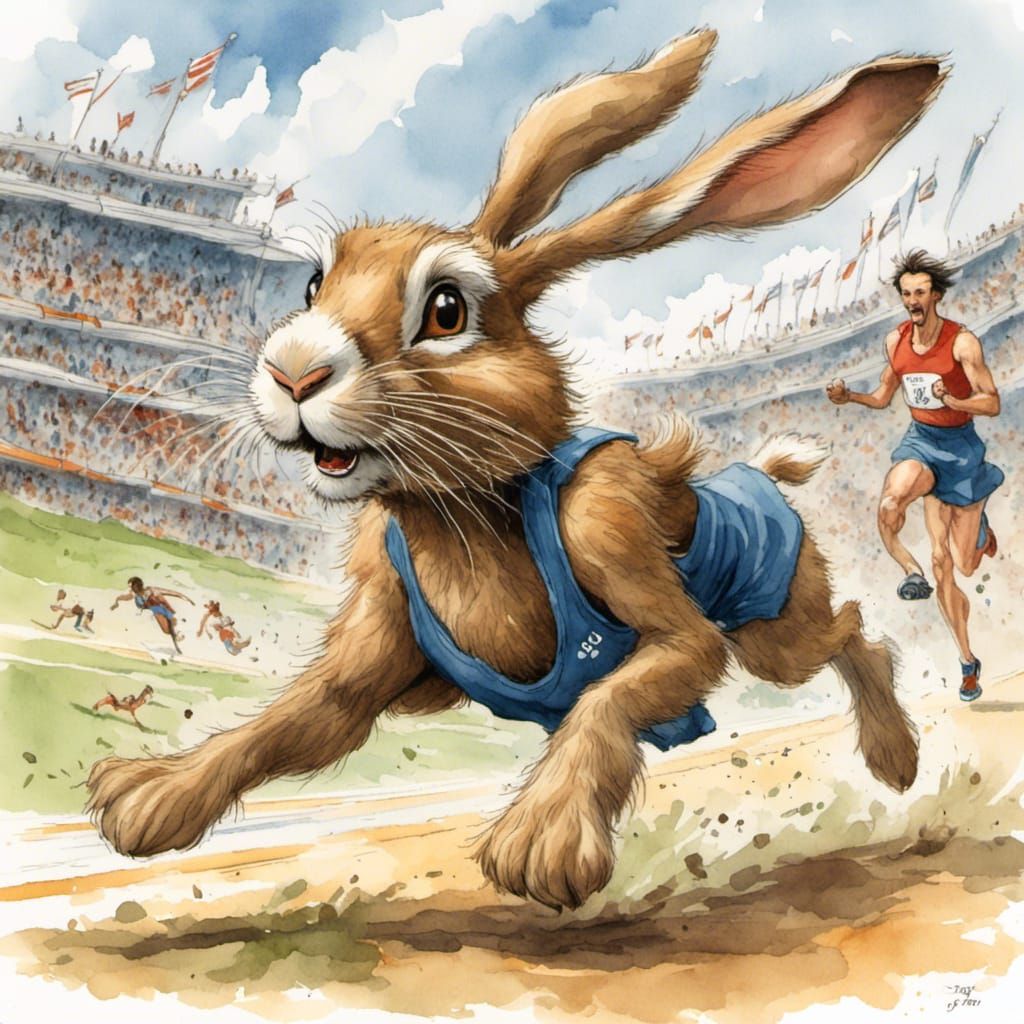 a bunny with long floppy years running 100 yard dash at the Olympics, scraggly, out of breath, exaggerated funny express...