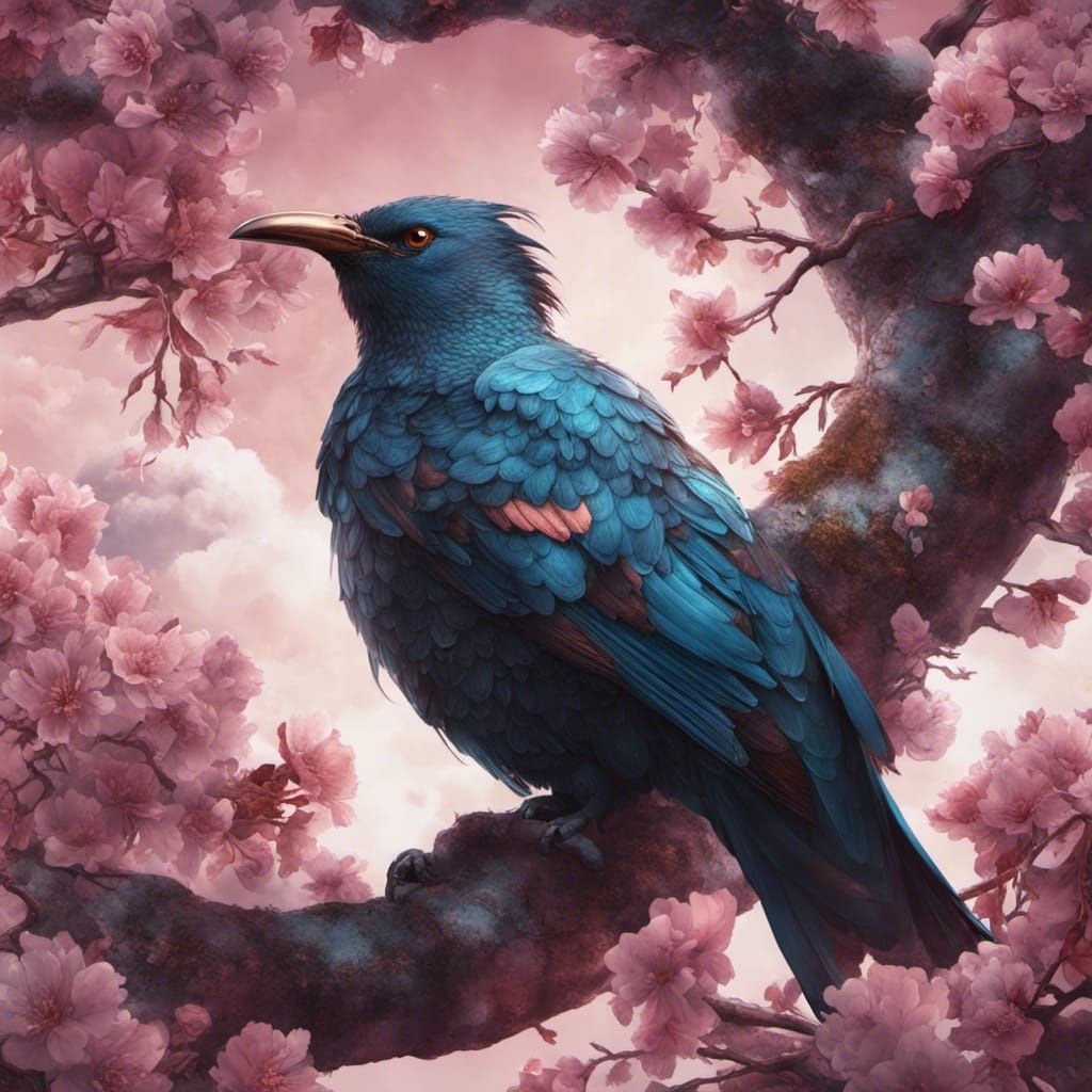Tui with Skull Face in Cherry Blossom Tree
