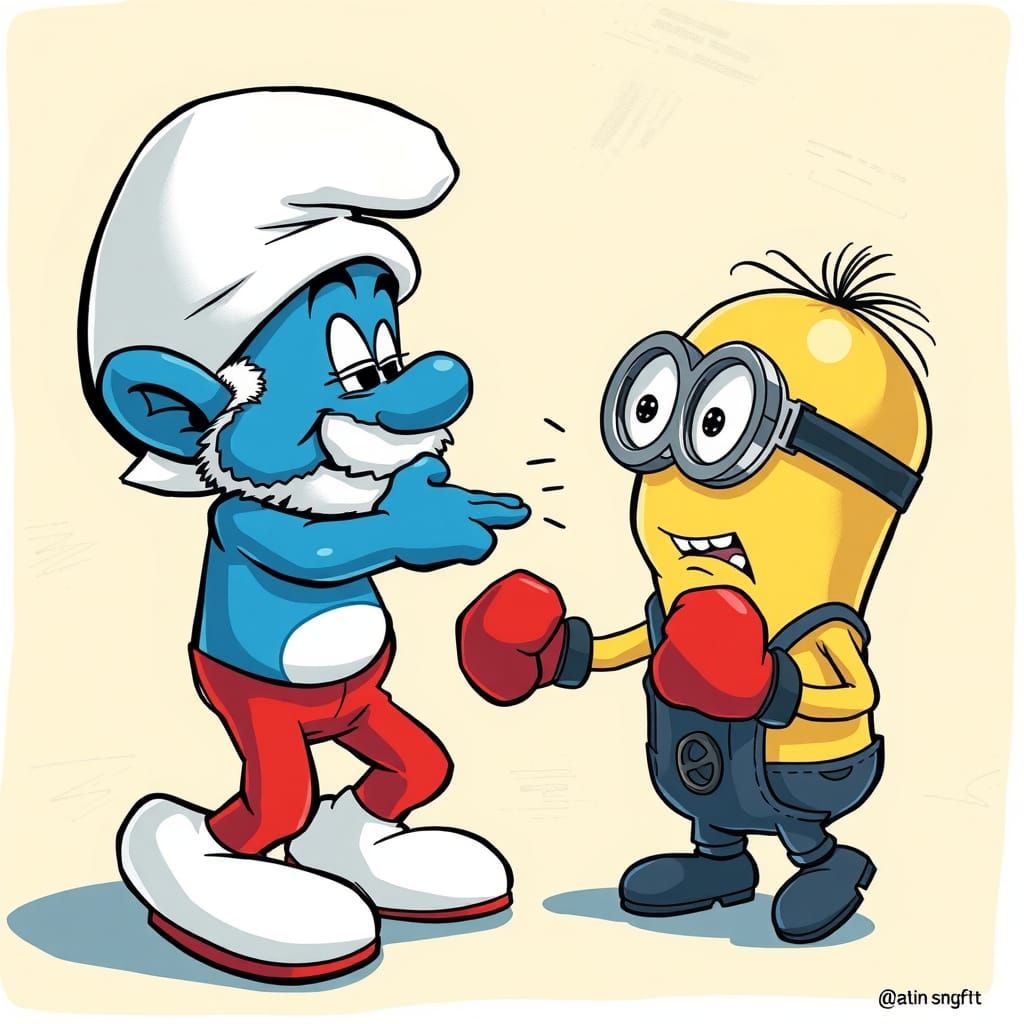 Papa Smurf is boxing against a minion