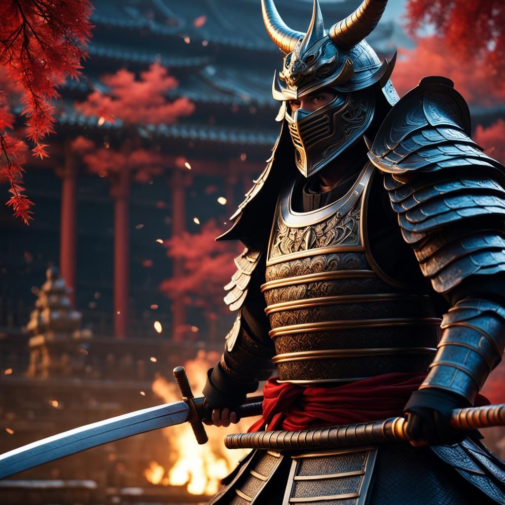 Samurai in Dragon Mask with Katanas: Detailed Matte Painting