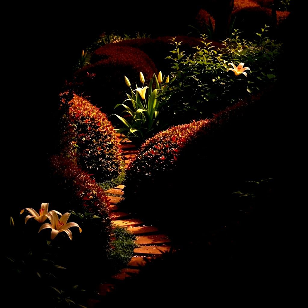 Overgrown Garden Path Maze with Lilies