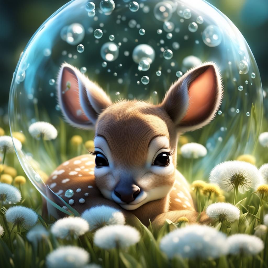 Sika Deer Baby Sleeping in Bubble, 3D Digital Art
