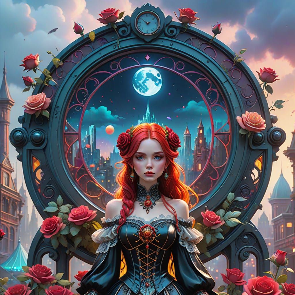 Elegant Victorian Goddess in Whimsical, Dreamlike Setting