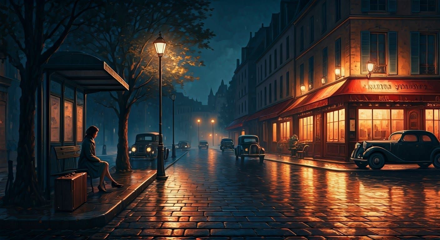 Atmospheric Impressionist Painting of a Rainy Night in a Qua...