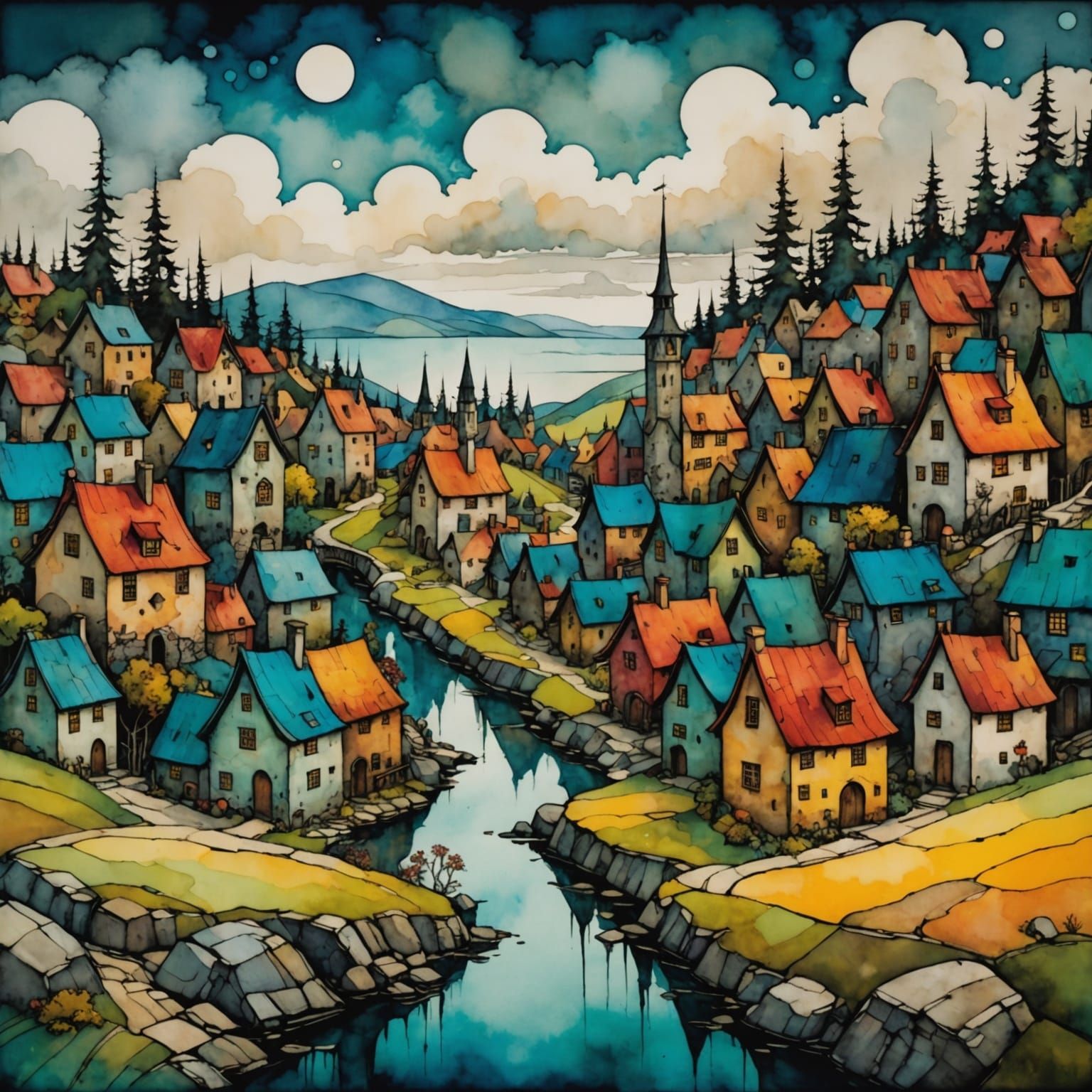Whimsical Village Scene in Vibrant Colors