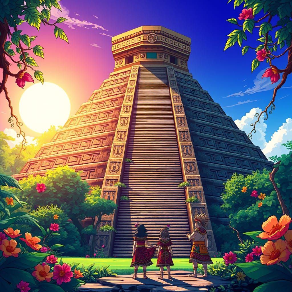 Ancient Aztec Pyramid in Vibrant Anime Style