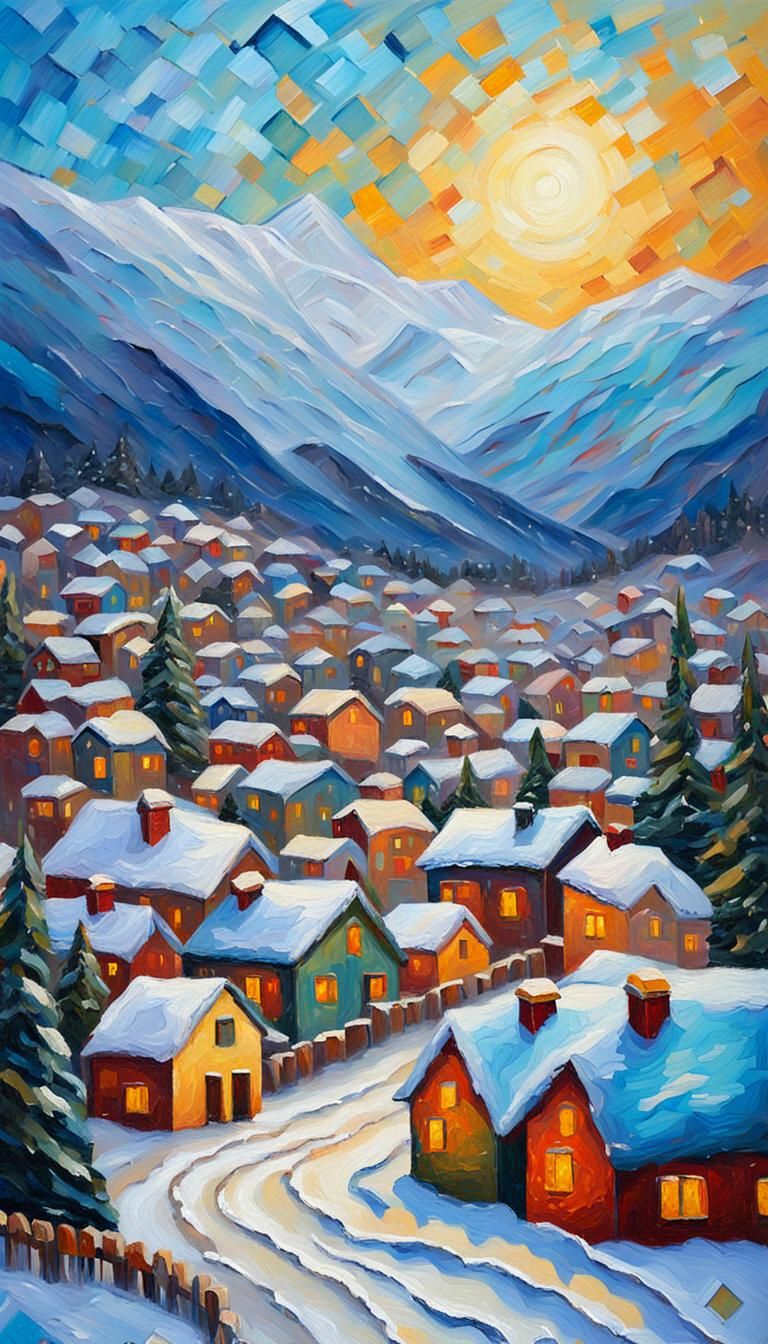 Snowy Mountain Town in Expressionist Oil Painting