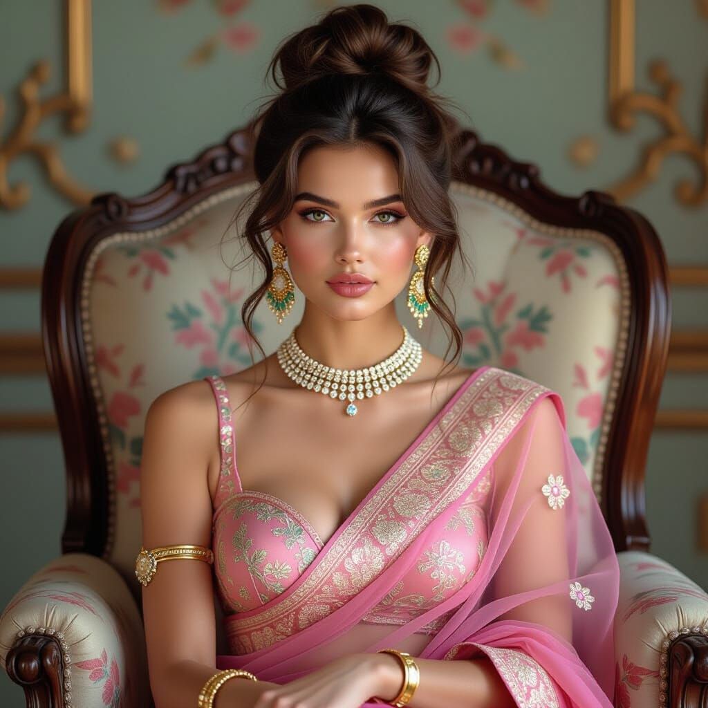 Vibrant Portrait of Woman in Pink Saree, Photorealistic Styl...