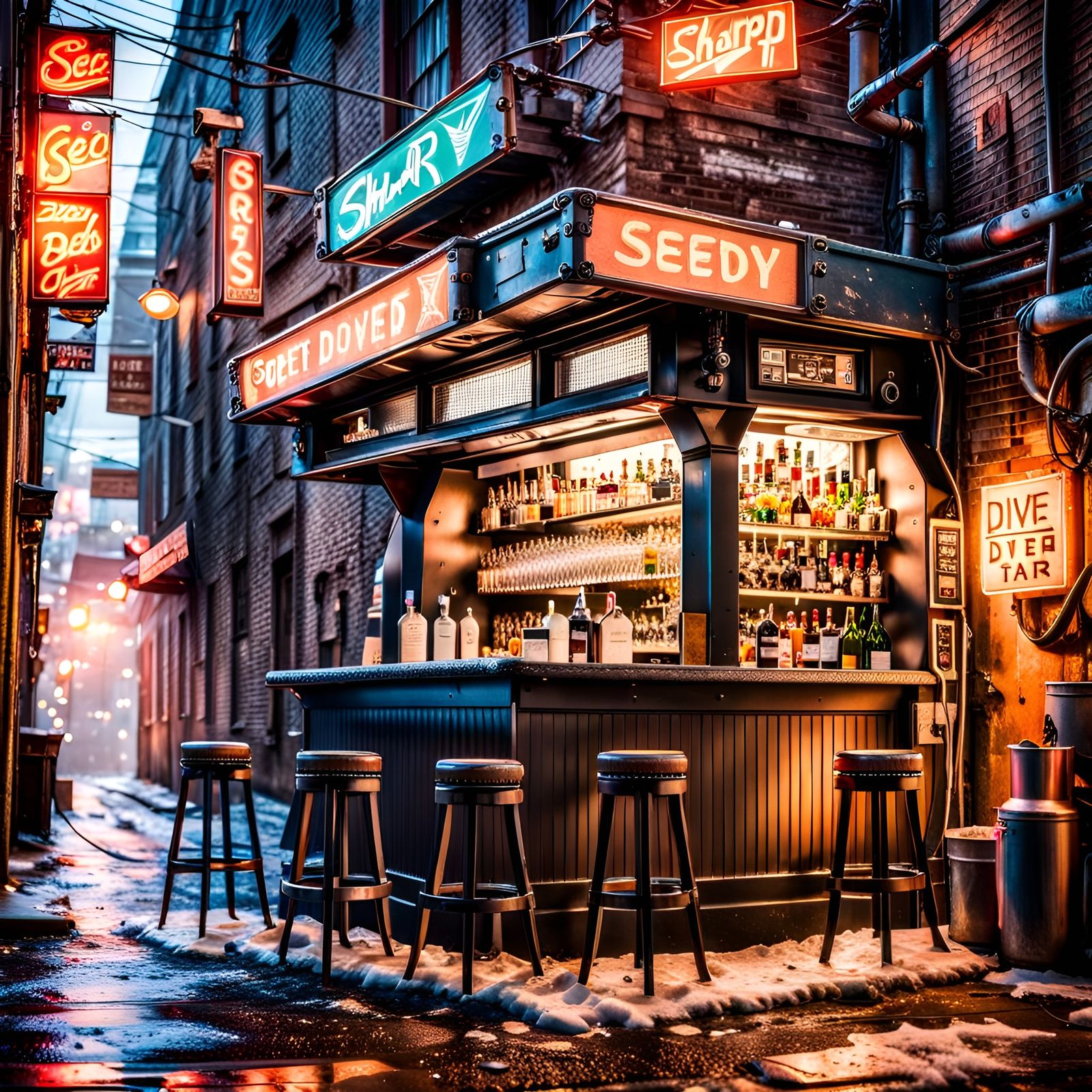 Seedy Sci-Fi Dive Bar in City Alleyway