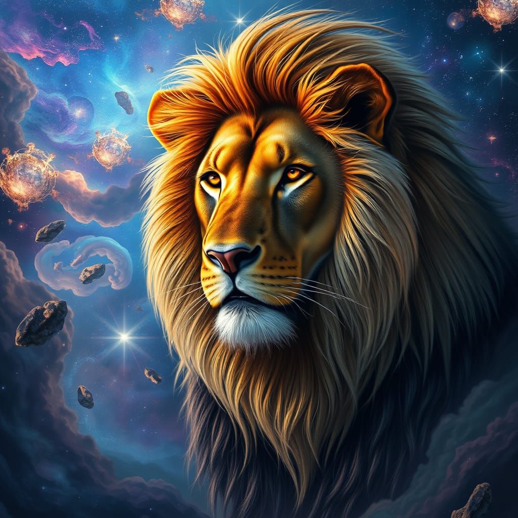 Cosmic Lion with Starlight Mane in Surreal Style
