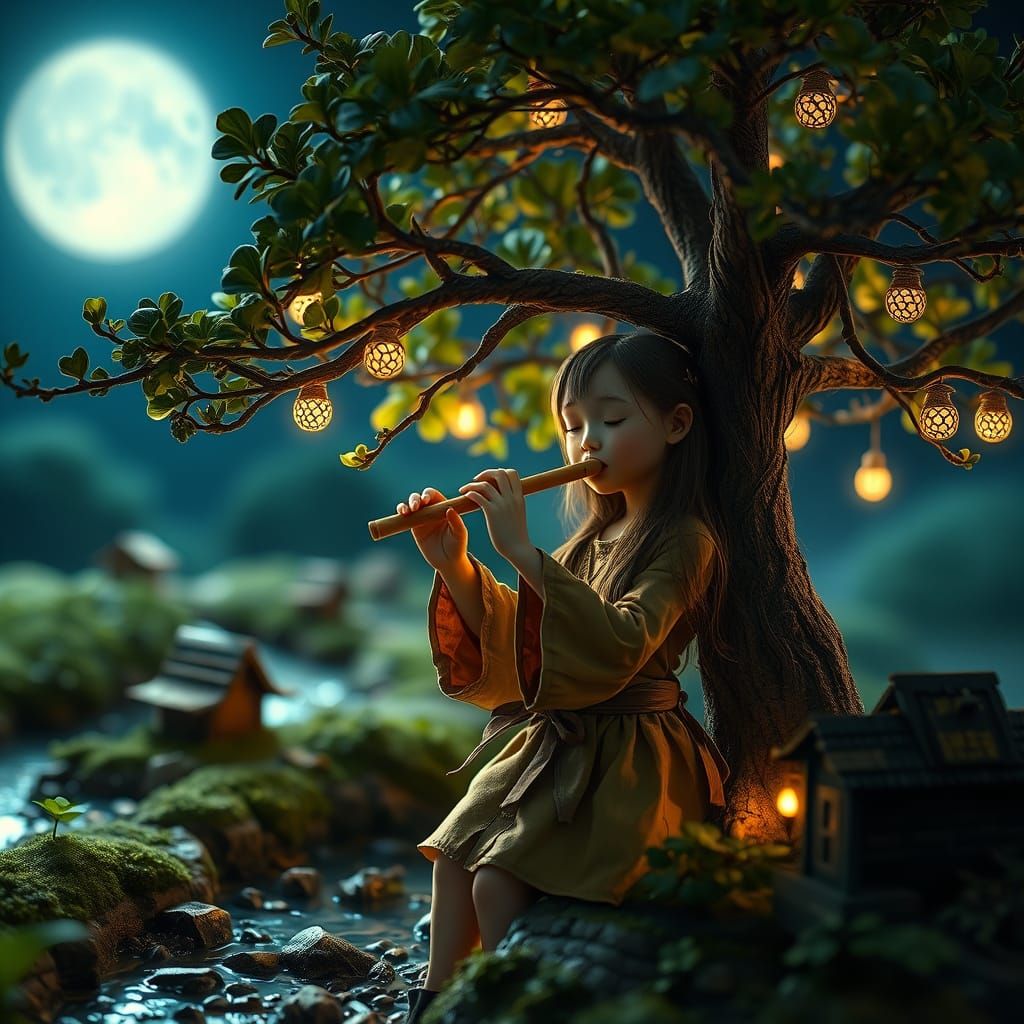 Lilliput Girl Playing Flute Under Bonsai Tree