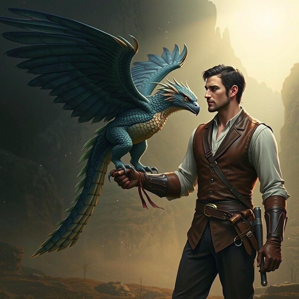 Falconer Summons Dragon in Mountainous Landscape