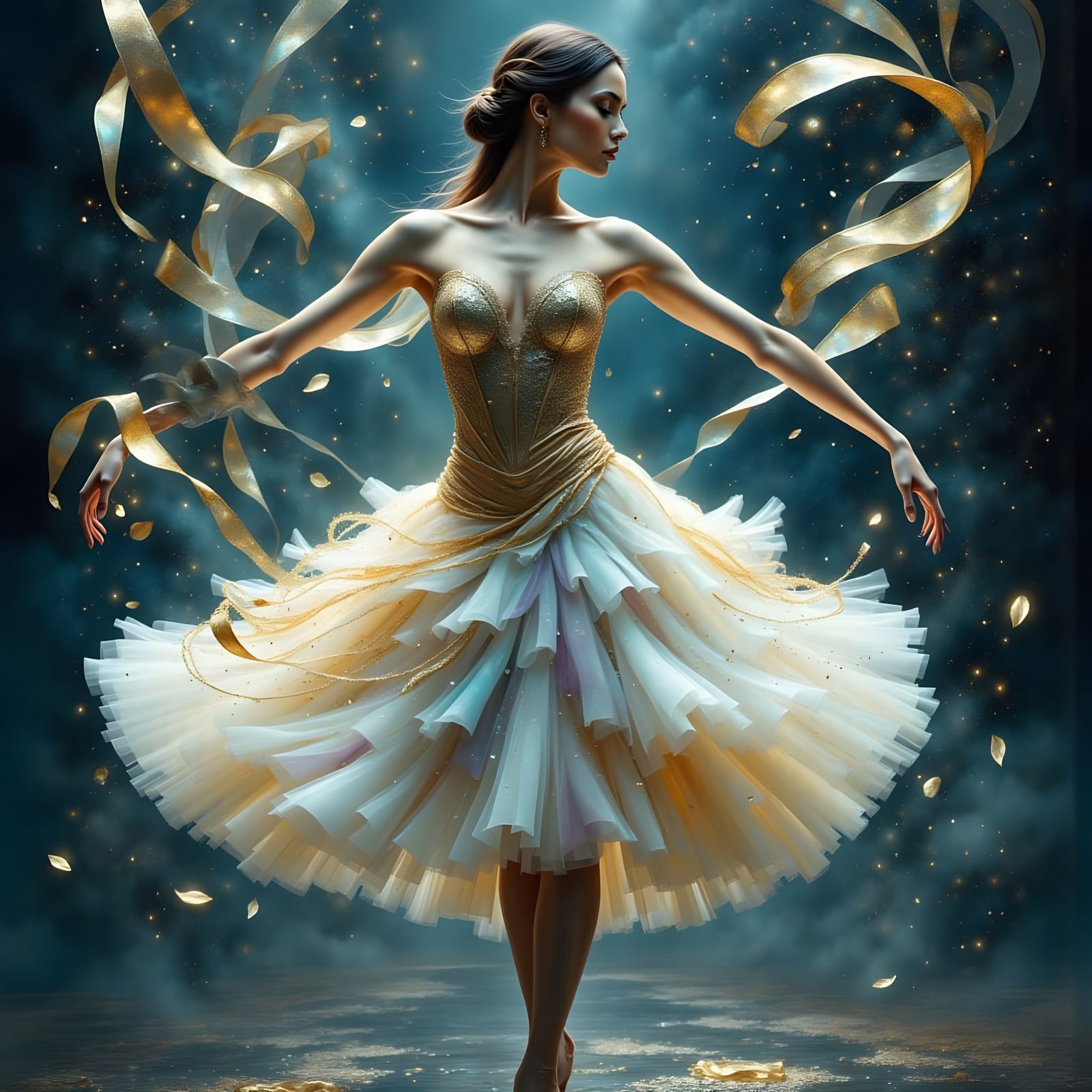 Whimsical Ballerina Dancing with Flowing Silk Ribbons