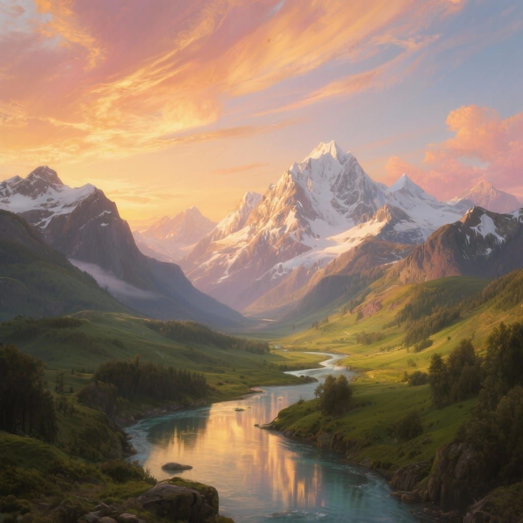 Majestic Golden Hour Mountain Landscape Digital Painting