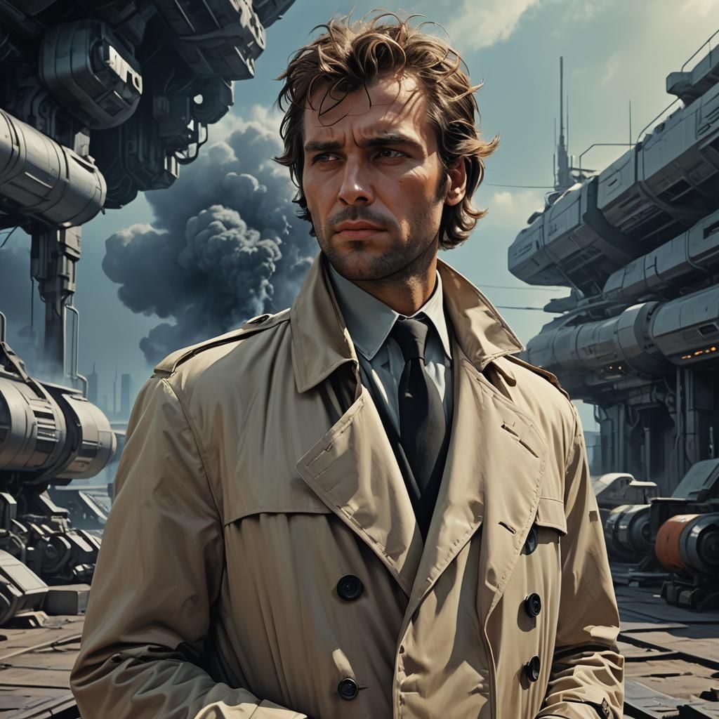 Sci-Fi Noir Man in Rainy Spaceport, Matte Painting