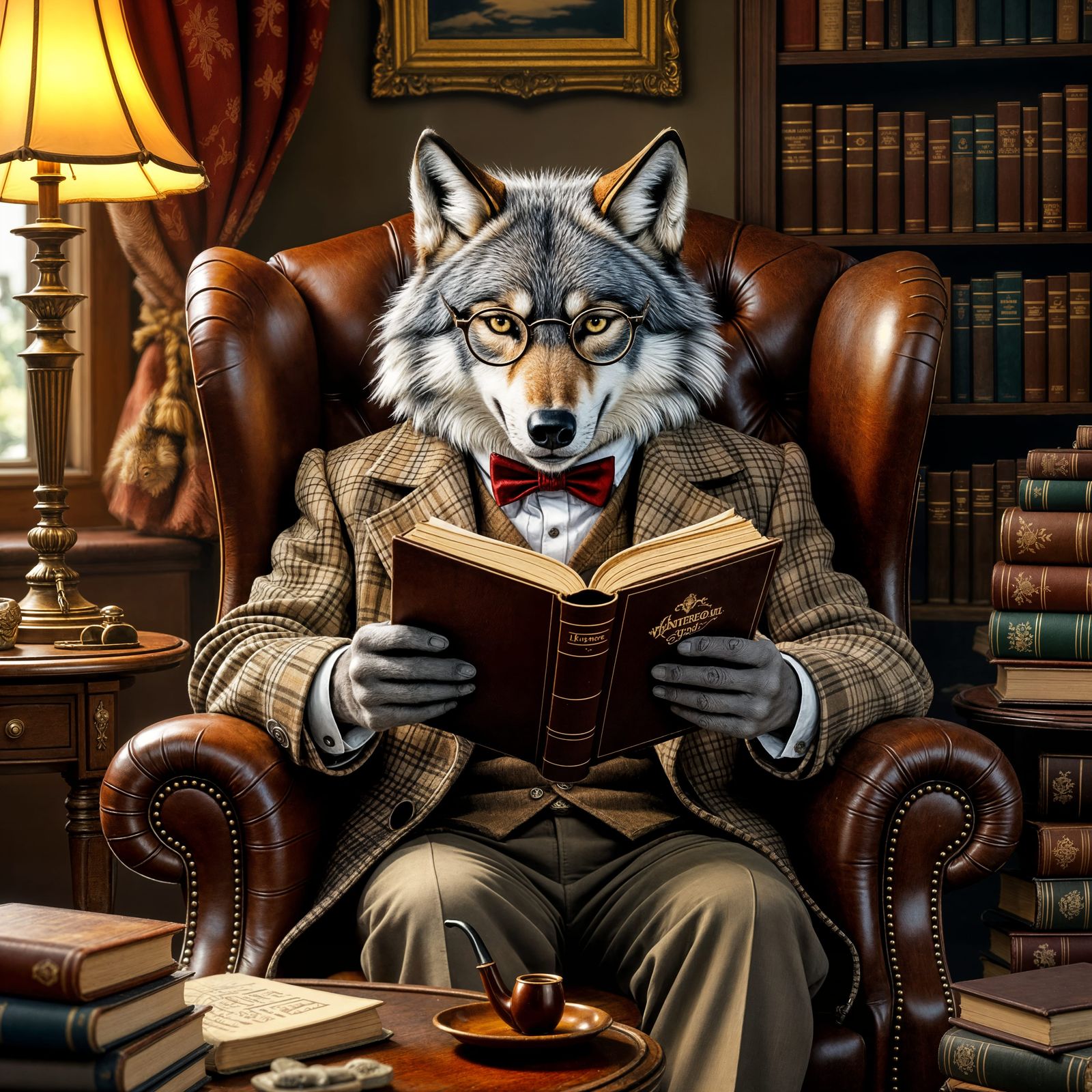 Elderly Wolf Reading: Whimsical Steampunk Illustration