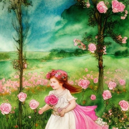 Cremello Horse in Rose Field: Romantic Splash Art