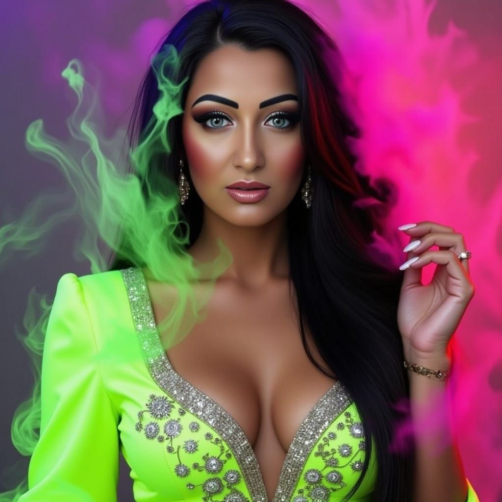 Beautiful Woman in Neon Dress with Colored Smoke