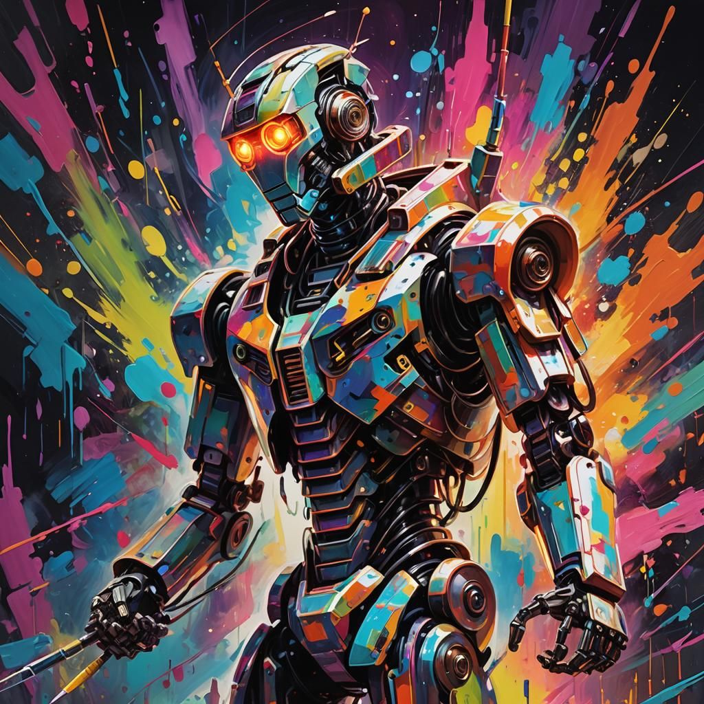 Robot Artist Surrounded by Neon Colors as Digital Art