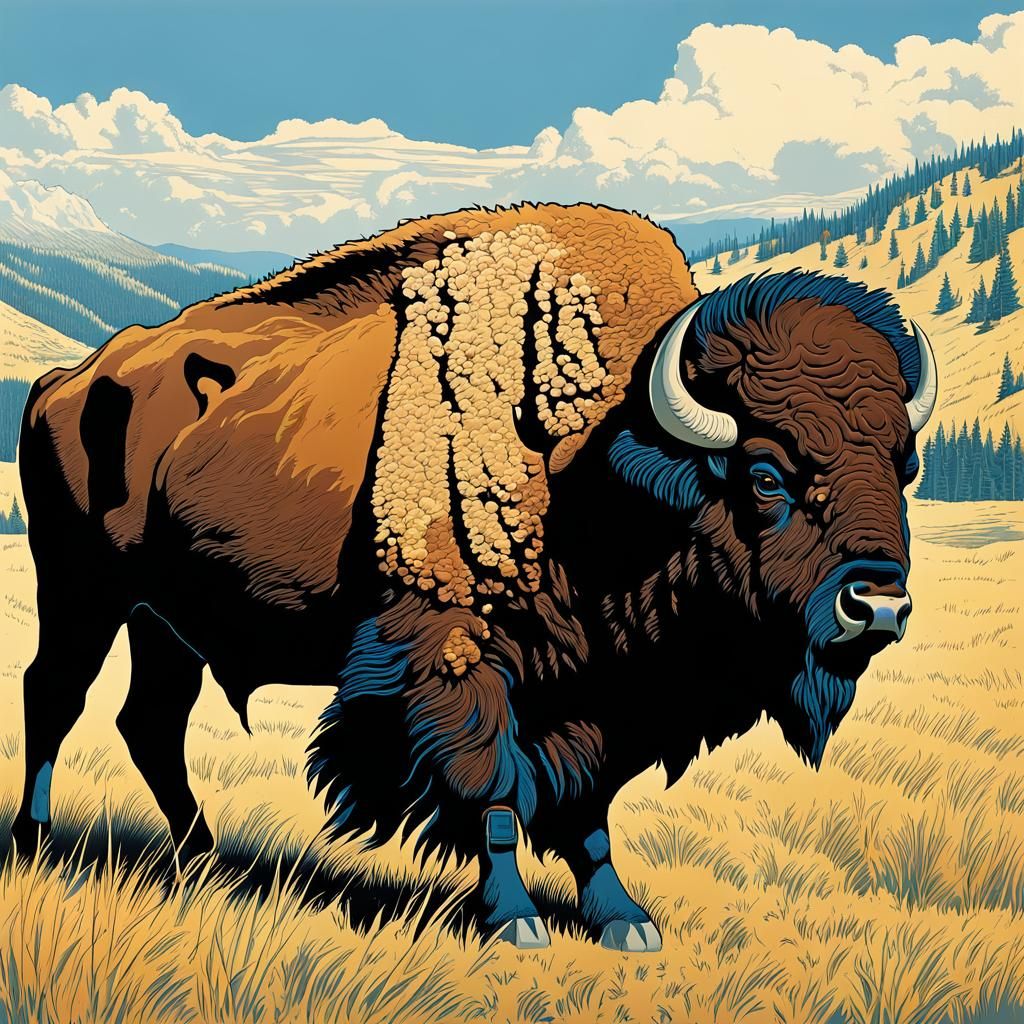 Bison in Yellowstone: Moebius-Style Illustration