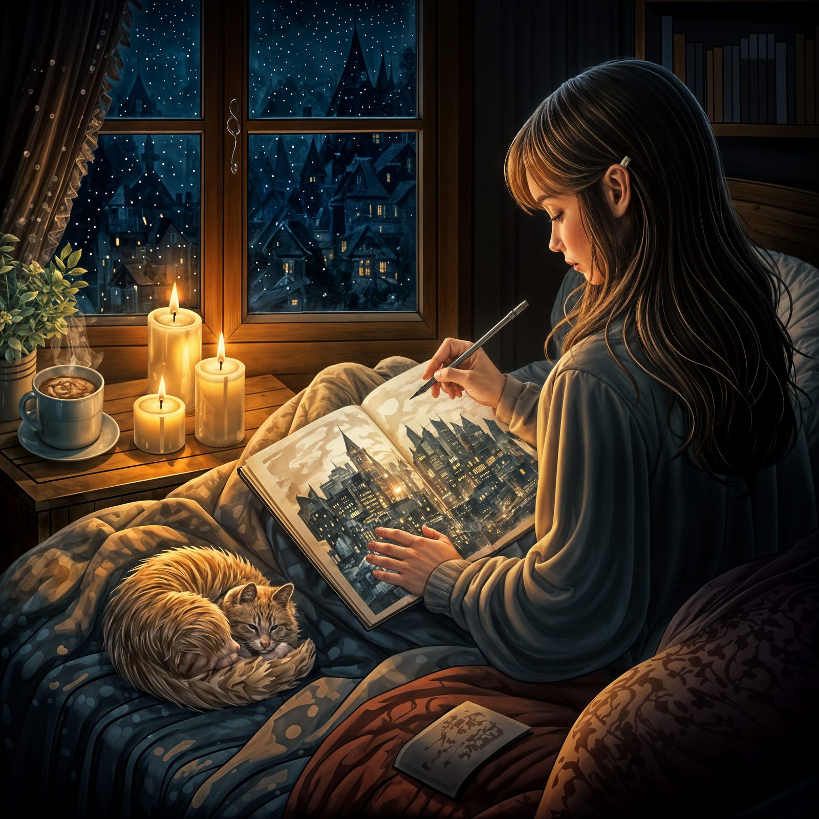 Cozy Sketching Scene with Rainy Day Ambiance