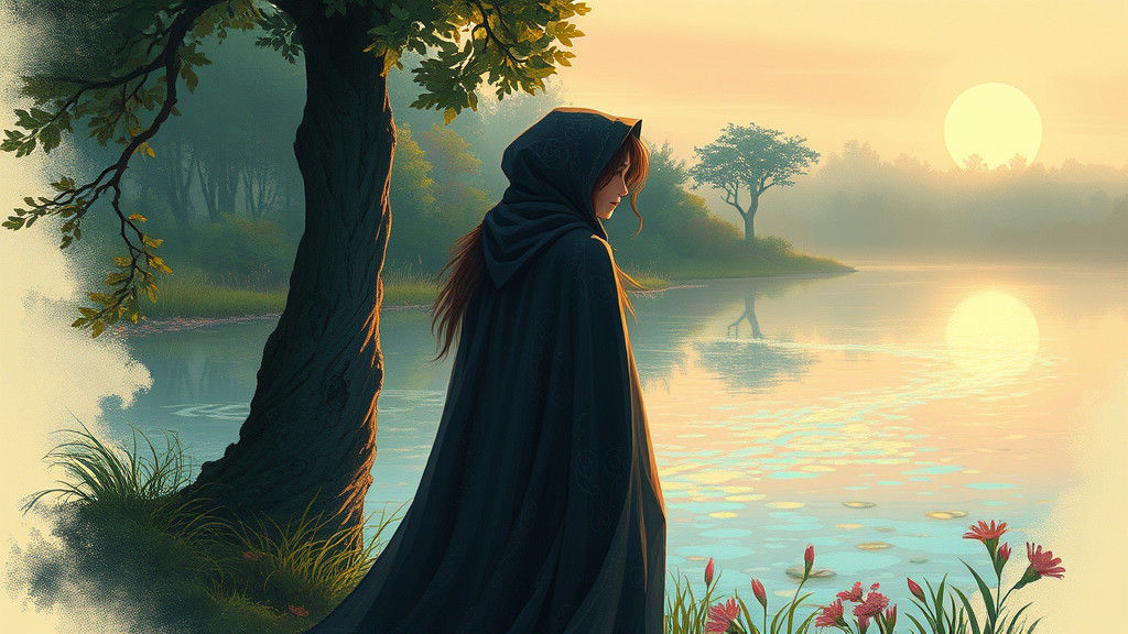 Ethereal Woman at Iridescent Lake in Whimsical Style