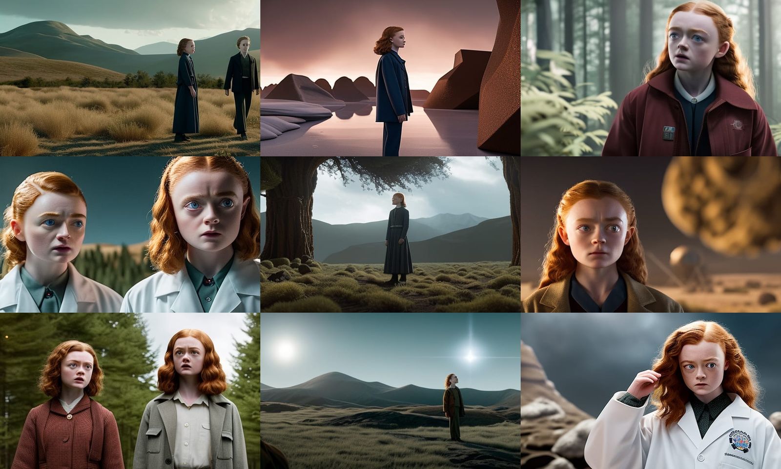 Sadie Sink as a scientist in a movie about finding the creation of the universe directed by Darren Aronofsky, sci fi, mo...
