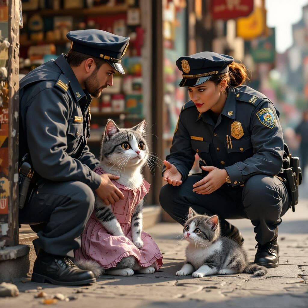 Compassionate Officer and Distressed Cats in 3D Render