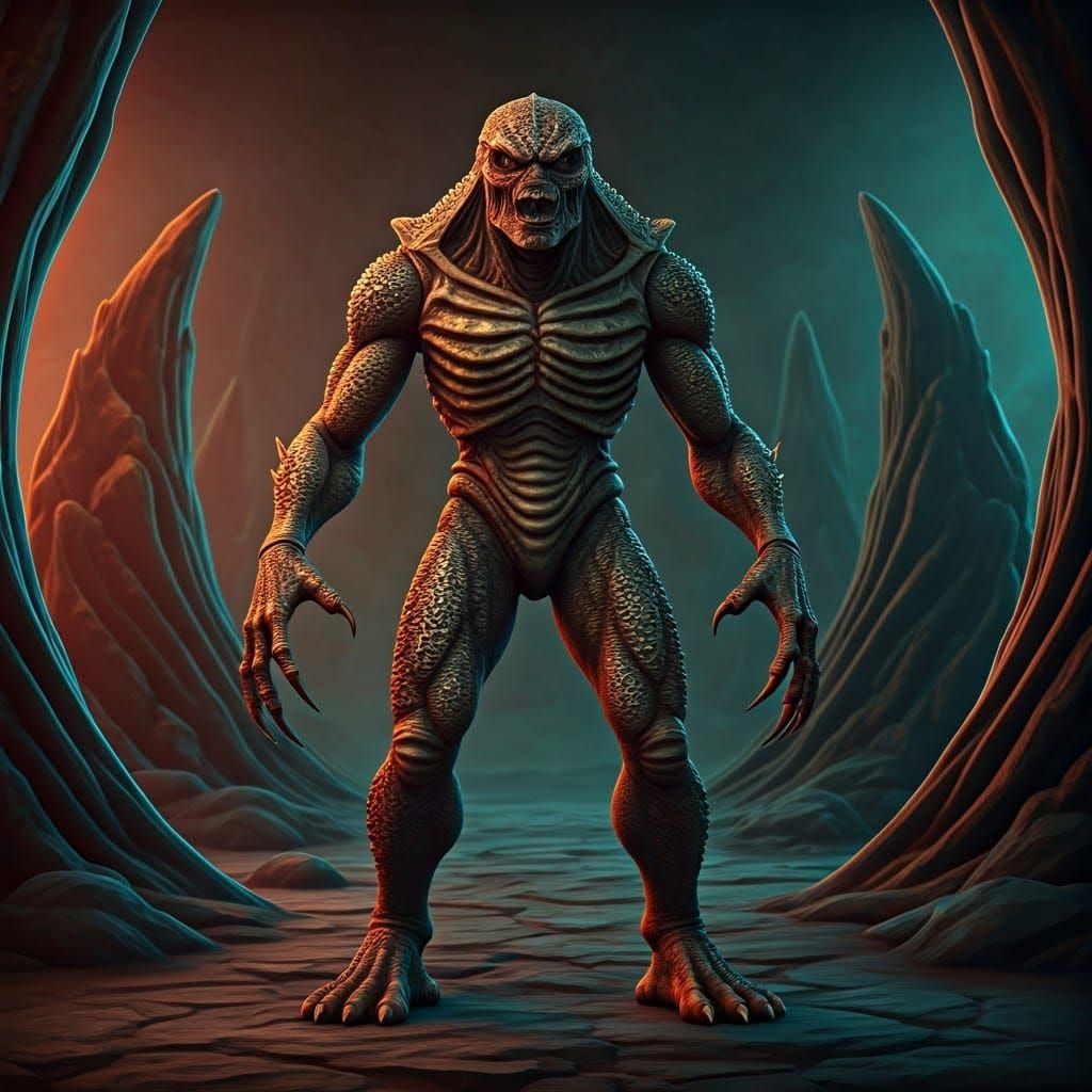 Vintage Sci-Fi Alien Action Figure in Hostile Alien Landscap...