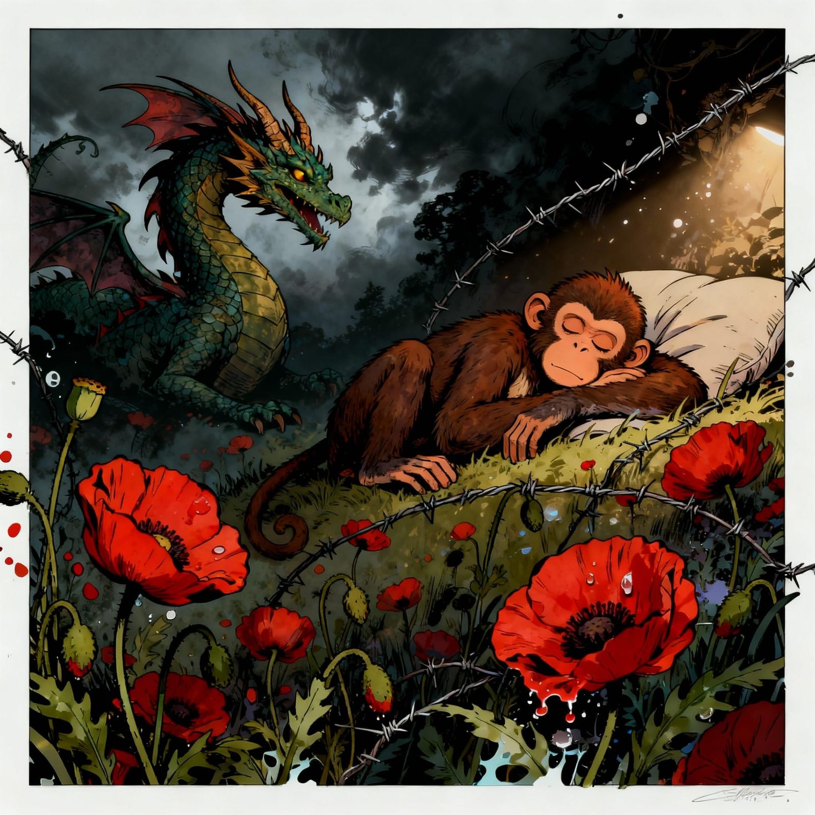 Whimsical Dragon and Monkey with Poppies, Comic Art Style
