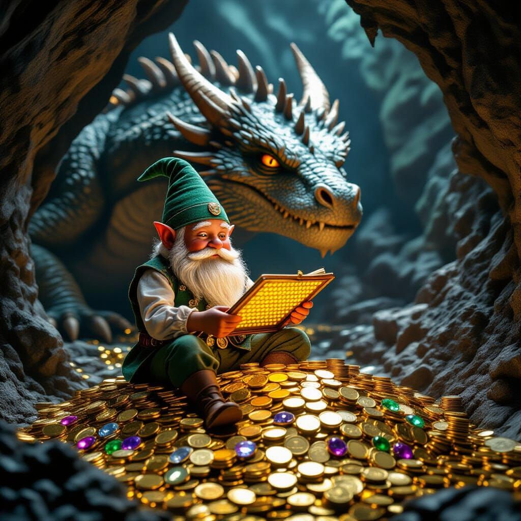 Gnome Auditor Counts Dragon's Treasure in Cinematic Cave