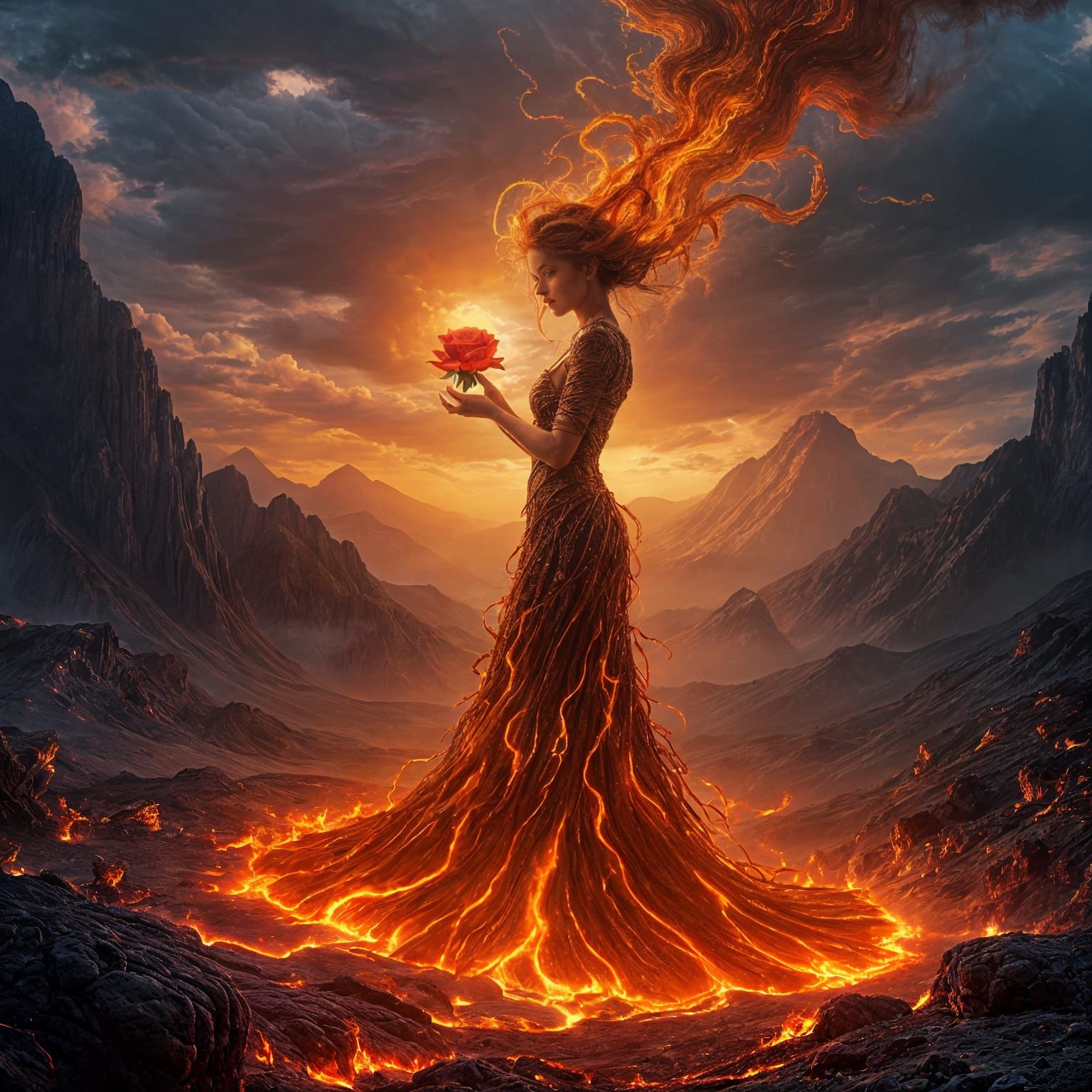 Surreal Goddess of Lava Ascends Fantastical Mountainscape