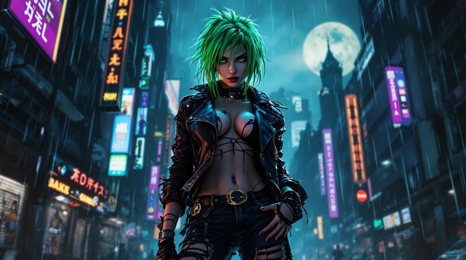 Cyberpunk Street Punk in Rainy Cityscape