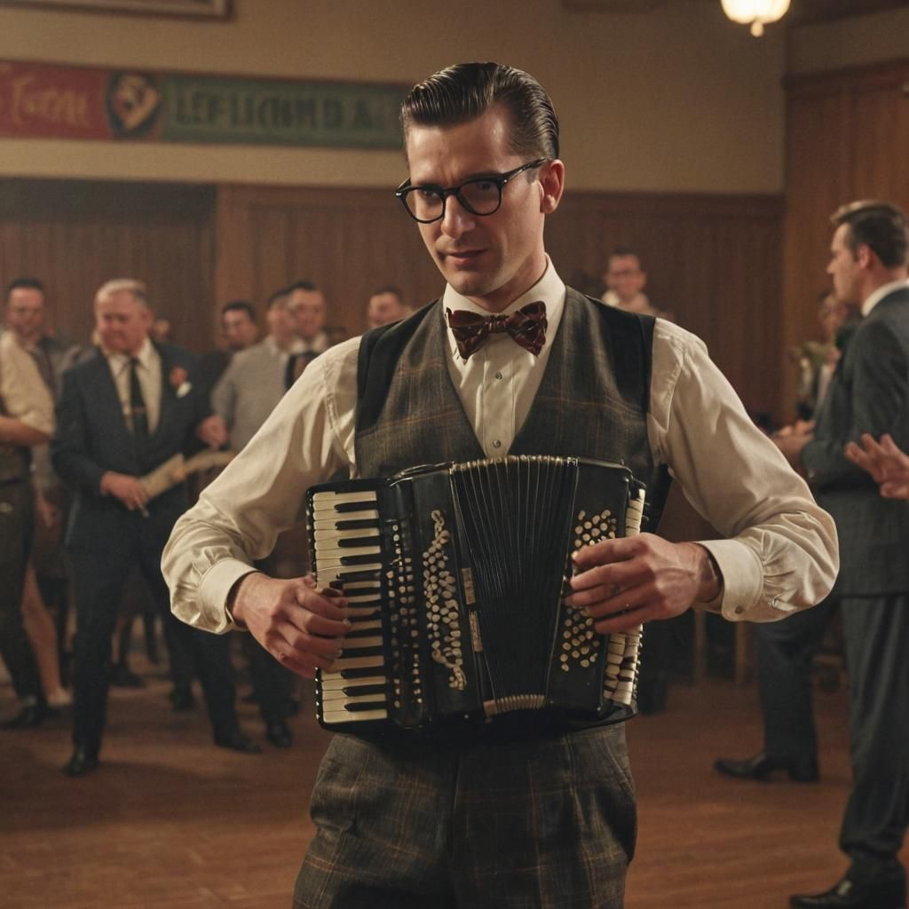 1950s Accordion Player in Legion Hall: Cinematic Film Still