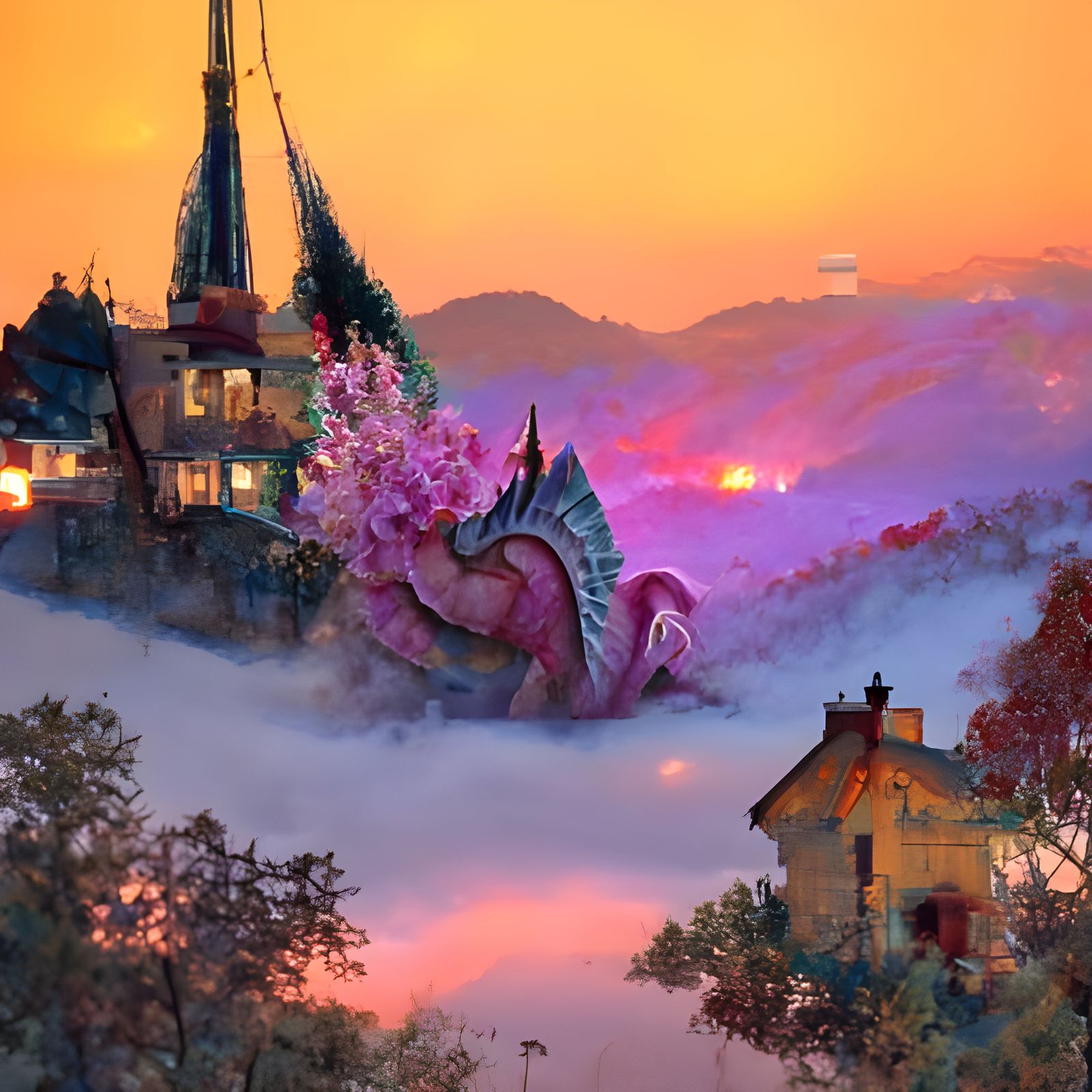 Gold Dragon Slumbering Near Medieval Town at Sunset