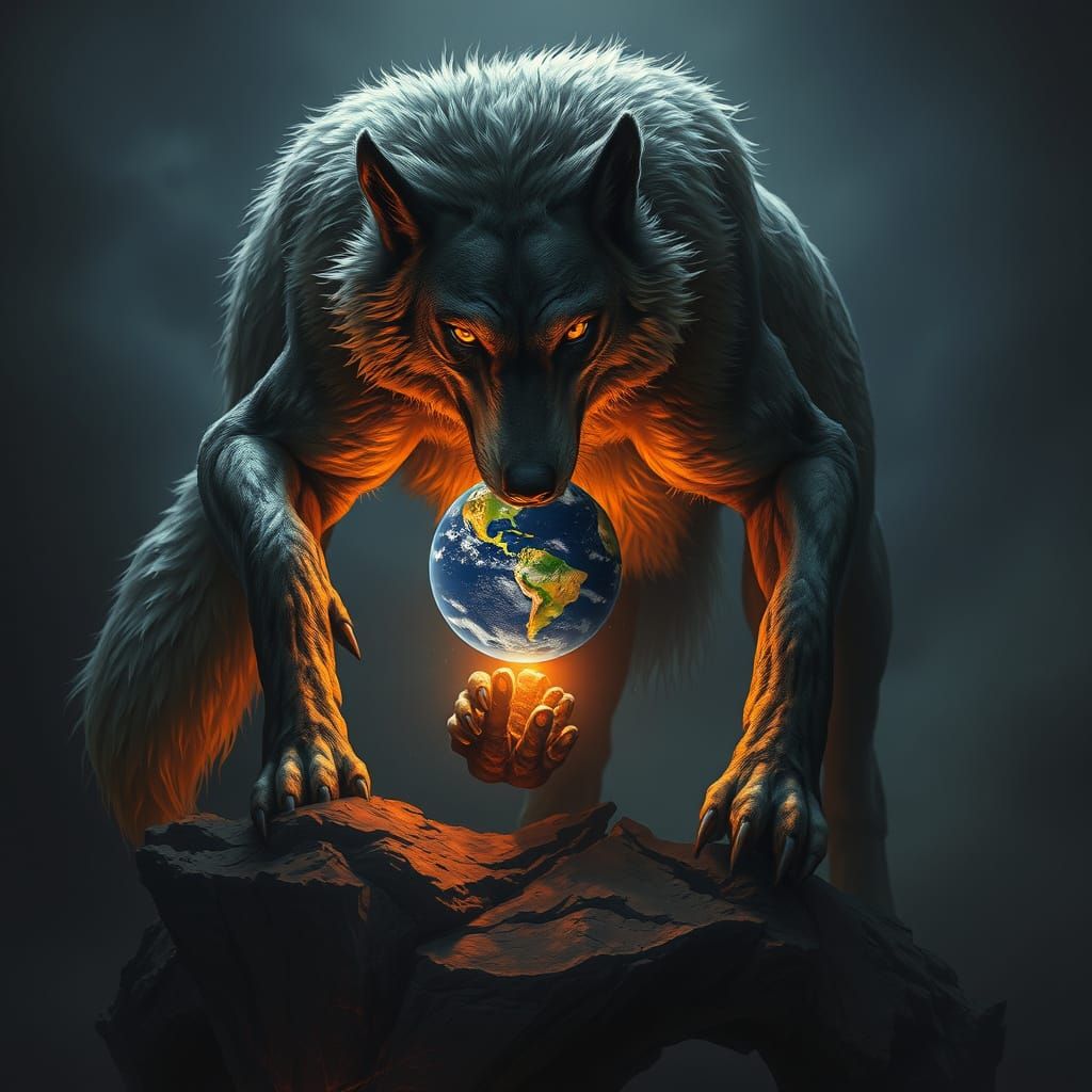 Dire Wolf Balances Planet in Epic Fantasy Art Style