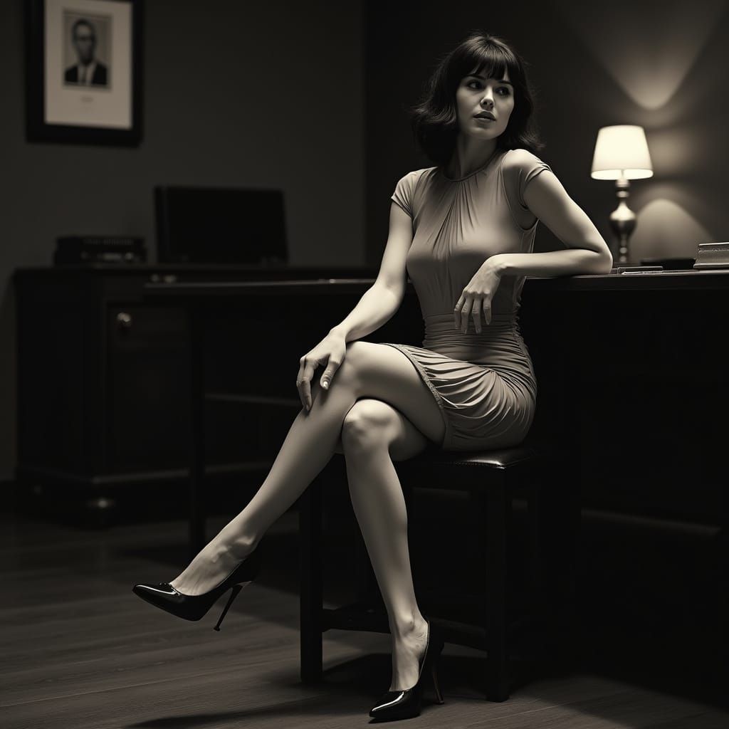 Sophisticated Film Noir Secretary in High Heels and Pleated ...