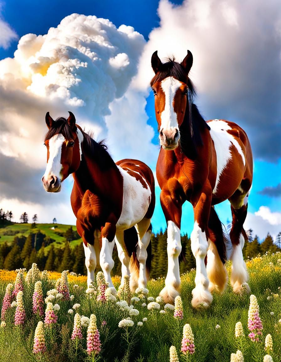 Charming Clydesdale Colts in Clover-Covered Cove