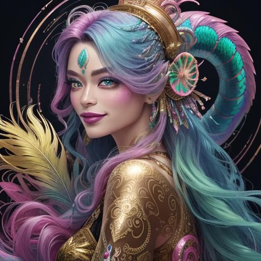 Rainbow Dragon Woman in Candy Dreamscape