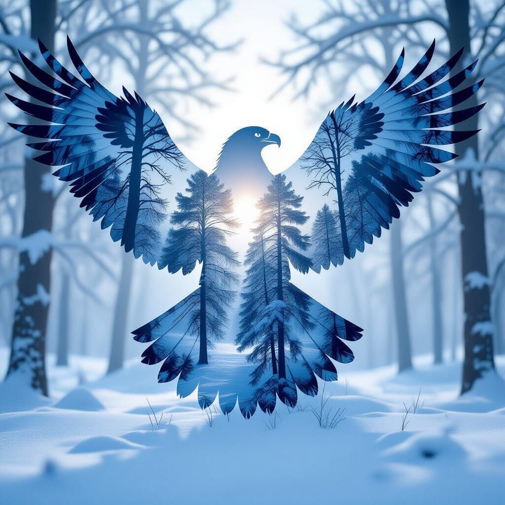 Colossal Eagle Silhouette Merged with Winter Forest