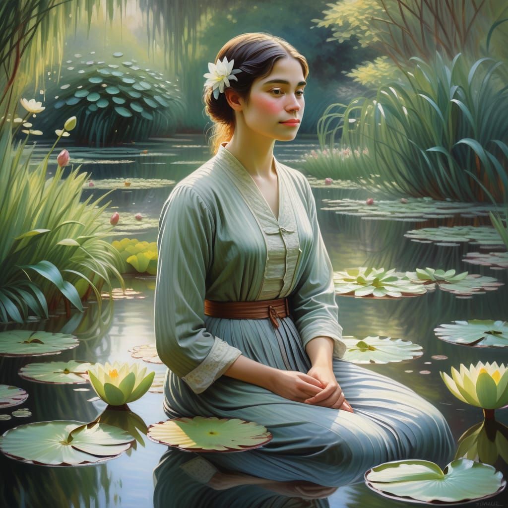 Impressionist Garden Portrait: Woman Among Water Lilies