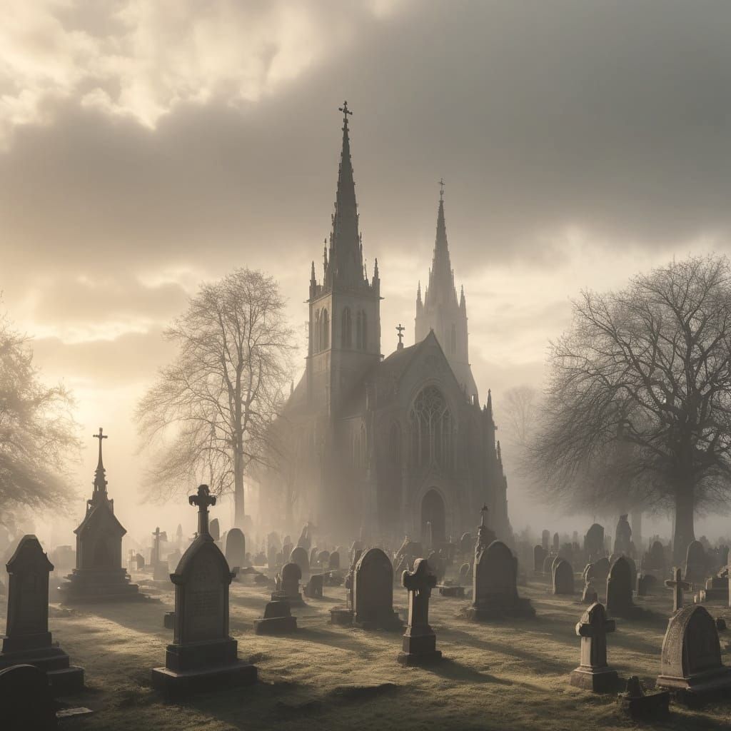 A huge gothic graveyard and church in the first faint golden...