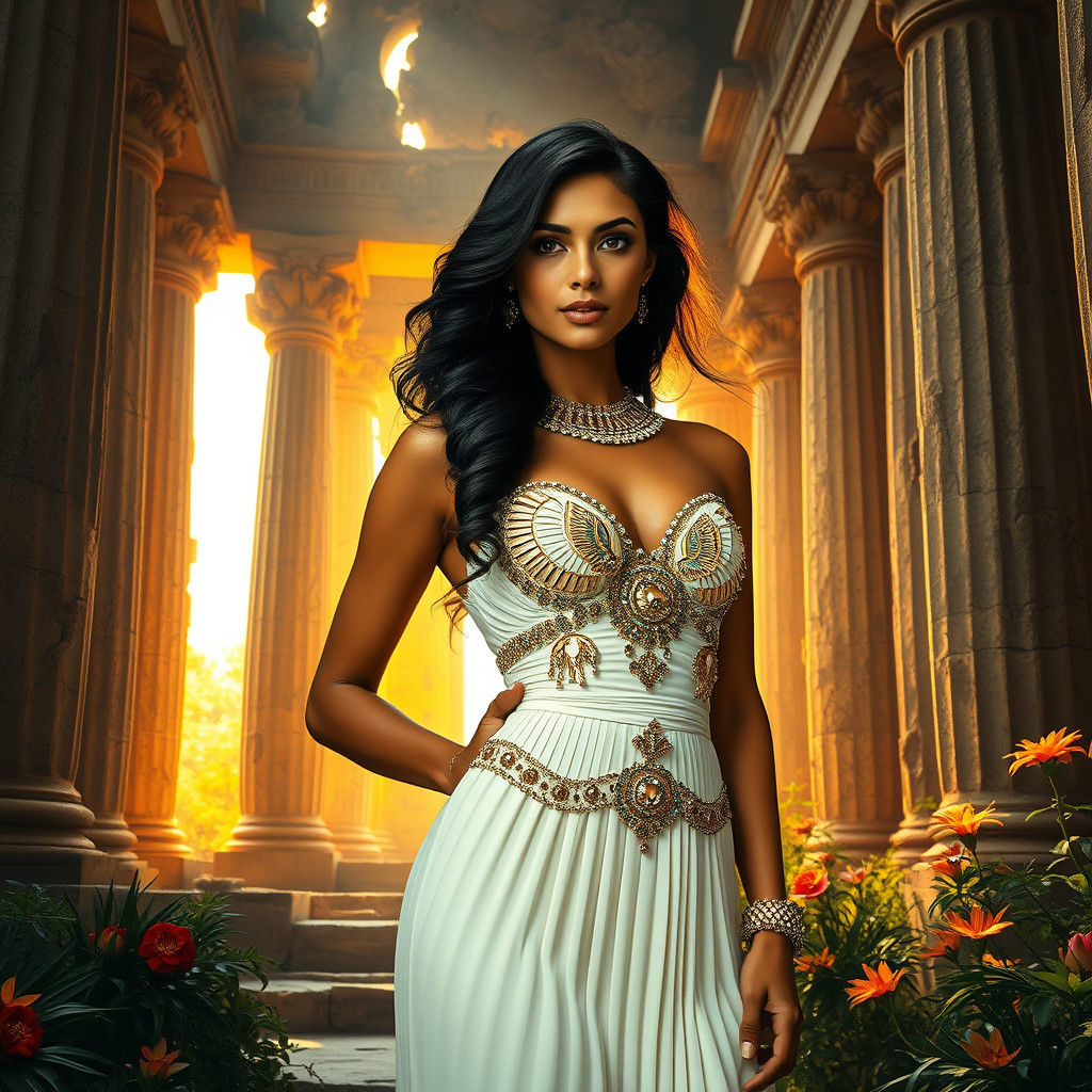 Egyptian Wedding Dress in Ancient Ruins, Art Nouveau Style